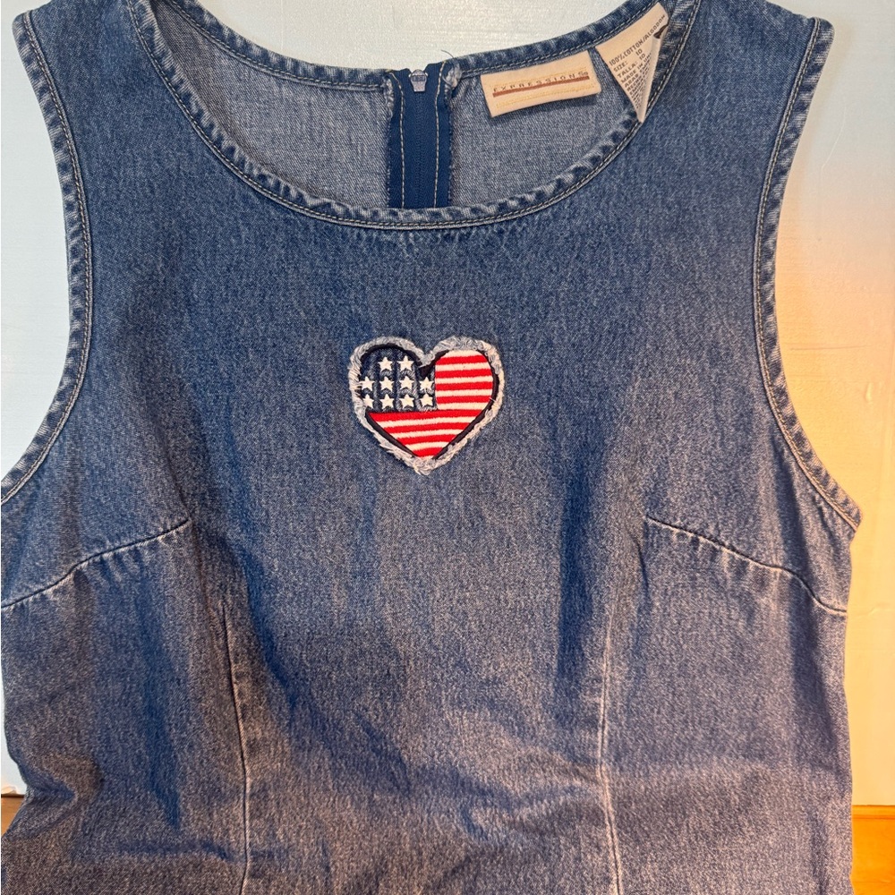 Expressions S/L Denim Dress Y2K Cotton Patriotic Heart Flag Americana Size 10 - Picture 8 of 10